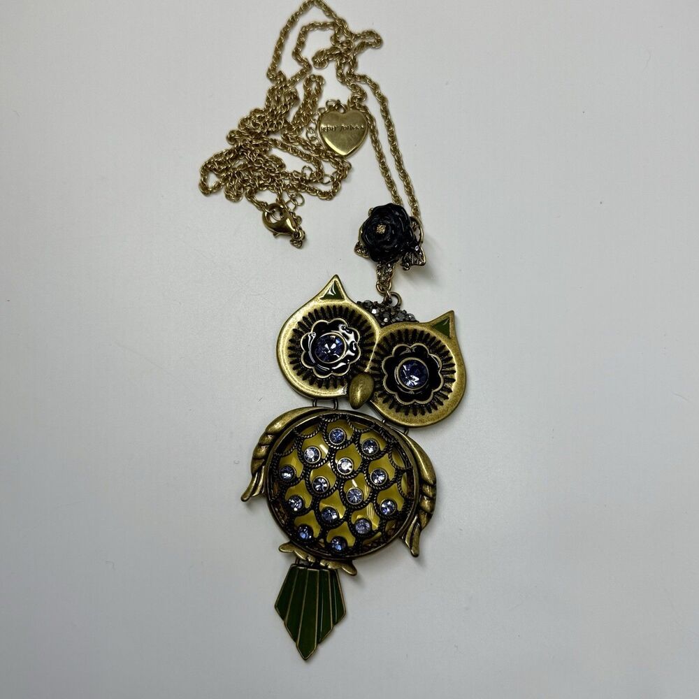 Vintage Betsey Johnson Large Owl Pendant Long Statement Necklace Rare